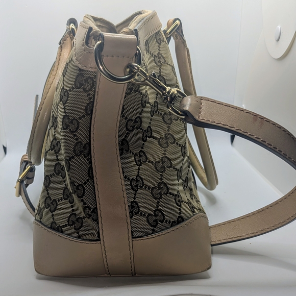 💢 Pristine💢 Gucci Beige And Brown Boston Canvas Stripe Satchel - Picture 4 of 9